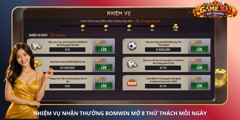 Nhiệm vụ nhận thưởng Bomwin mở 8 thử thách mỗi ngày